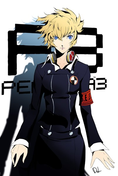 Anime-Bild 807x1200 mit persona 3 persona aegis dh (brink of memories) single tall image looking at viewer fringe short hair blue eyes blonde hair white background signed shadow copyright name girl headphones armband