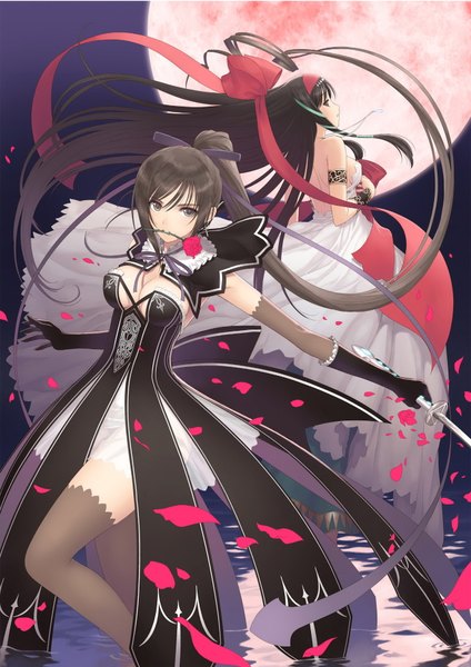Anime picture 1284x1818 with shining (series) shining hearts shining blade maxima enfield kaguya (shining hearts) tony taka long hair tall image light erotic black hair multiple girls holding ponytail black eyes scan night official art mouth hold red moon girl