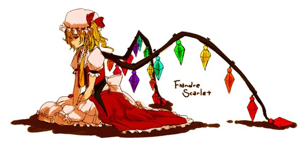 Anime picture 1250x600 with touhou flandre scarlet oso (pixiv) single short hair simple background blonde hair red eyes wide image white background sitting profile inscription one side up girl wings bonnet crystal