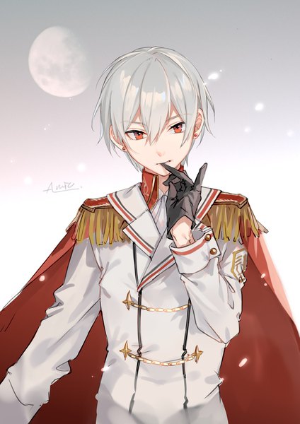 Anime picture 1561x2208 with original almic single tall image looking at viewer fringe short hair simple background hair between eyes red eyes standing signed silver hair upper body grey background glove biting boy gloves uniform earrings