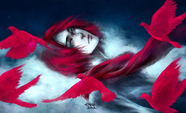 Anime picture 2460x1500 with nanfe single highres short hair wide image signed red hair lying grey eyes animal scarf bird (birds)