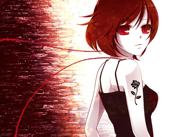 Anime picture 1600x1200 with vocaloid meiko single short hair red eyes red hair tattoo back girl rose (roses)