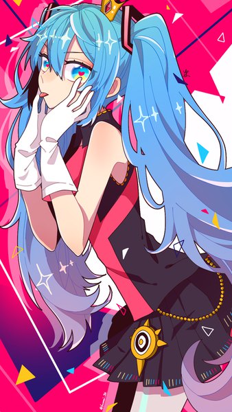 Anime picture 1000x1773 with vocaloid kimagure mercy (vocaloid) hatsune miku haniwa hikaru single long hair tall image looking at viewer fringe blue eyes hair between eyes twintails blue hair pleated skirt leaning leaning forward sleeveless symbol-shaped pupils gradient hair heart-shaped pupils