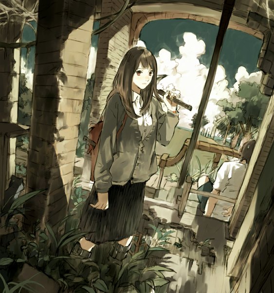 Anime picture 999x1064 with original moulton long hair tall image looking at viewer short hair brown hair sitting brown eyes cloud (clouds) from behind brick wall girl boy skirt plant (plants) sweater bag knee boots pillar