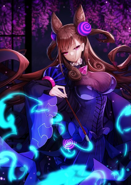 Anime picture 1600x2253 with fate (series) fate/grand order murasaki shikibu (fate) ango single long hair tall image looking at viewer fringe breasts light erotic brown hair large breasts standing purple eyes holding payot head tilt wide sleeves hair bun (hair buns)