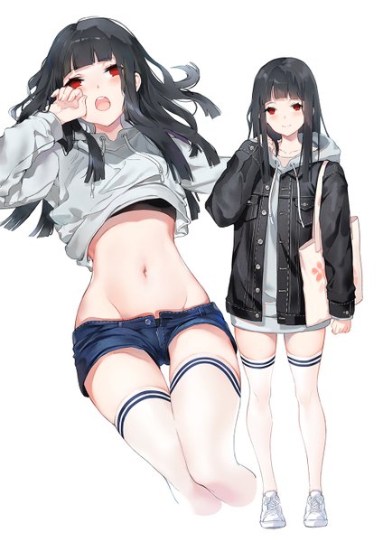 Anime picture 1000x1415 with original emyo long hair tall image looking at viewer blush fringe open mouth light erotic black hair simple background smile red eyes standing white background payot full body blunt bangs arm up open jacket