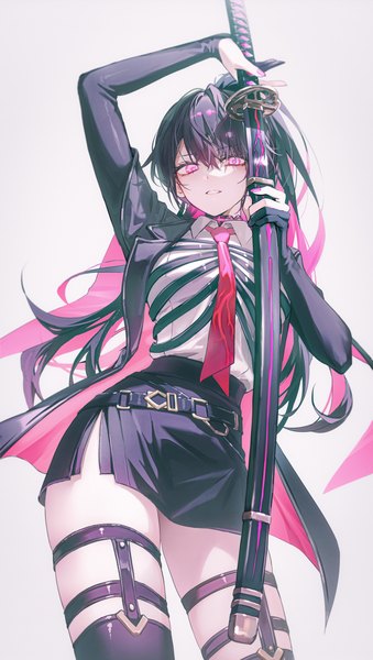 Anime picture 900x1593 with legendary sword cerberus (legendary sword) tokkyu single long hair tall image looking at viewer fringe black hair simple background hair between eyes white background ponytail nail polish parted lips pink eyes multicolored hair arm up two-tone hair from below