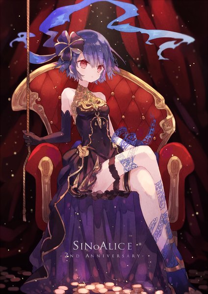 Anime picture 707x1000 with sinoalice alice (sinoalice) mizumizu (phoenix) single tall image looking at viewer blush fringe short hair breasts hair between eyes red eyes sitting bare shoulders purple hair full body copyright name crossed legs covered navel anniversary