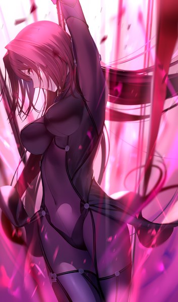 Anime-Bild 2188x3714 mit fate (series) fate/grand order scathach (fate) (all) scathach (fate) mashima saki (mashimasa) single long hair tall image looking at viewer fringe highres breasts light erotic hair between eyes red eyes large breasts standing payot purple hair profile