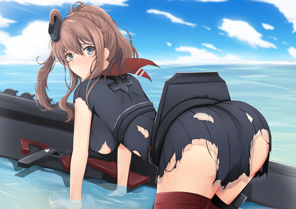 Anime picture 2000x1414 with kantai collection saratoga (kantai collection) isane single long hair looking at viewer blush highres breasts blue eyes light erotic brown hair sky cloud (clouds) torn clothes remodel (kantai collection) girl skirt miniskirt sea