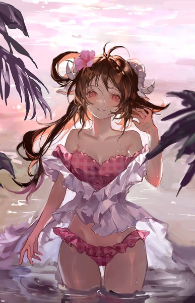 Anime picture 2218x3442 with arknights eyjafjalla (arknights) eyjafjalla (summer flower) (arknights) weifengbing single long hair tall image looking at viewer highres light erotic brown hair standing animal ears sky ahoge pink eyes hair flower horn (horns) partially submerged official alternate costume