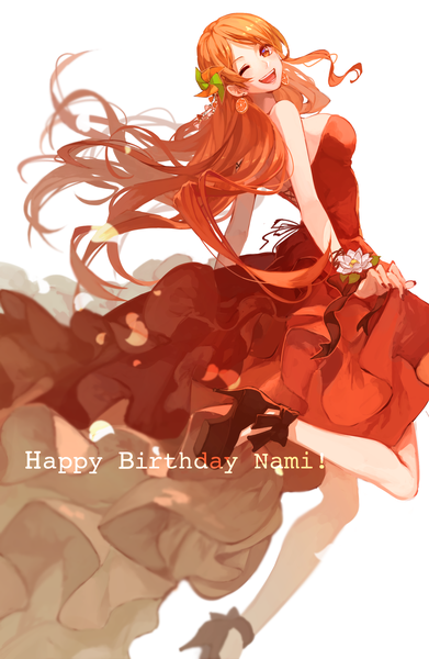 Anime picture 1772x2717 with one piece toei animation nami (one piece) kieshi heta single long hair tall image looking at viewer highres open mouth simple background white background bent knee (knees) one eye closed wink orange hair orange eyes high heels character names happy birthday