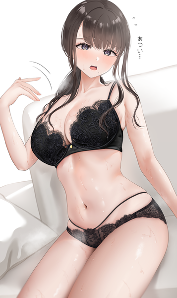 Anime picture 1364x2292 with original kayano momo single long hair tall image looking at viewer blush fringe breasts open mouth light erotic black hair simple background large breasts sitting blunt bangs head tilt black eyes sweat underwear only