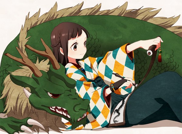 Anime picture 1000x741 with original musco single long hair blush fringe simple background brown hair sitting holding brown eyes braid (braids) traditional clothes japanese clothes horn (horns) rhombus drawing girl bow animal