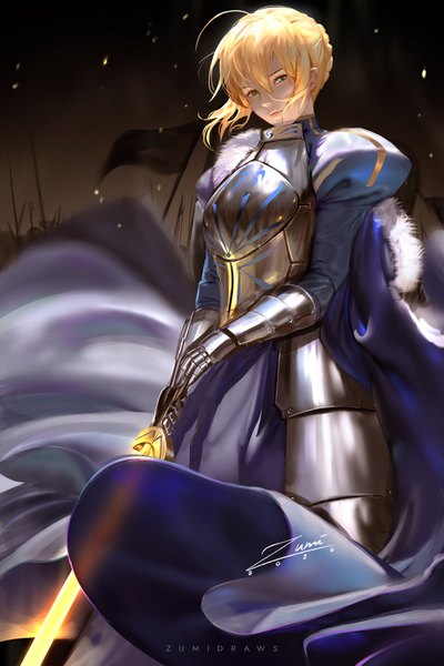 Anime picture 2339x3508 with fate (series) fate/stay night artoria pendragon (all) saber zumi (zumidraws) single tall image looking at viewer fringe highres short hair blonde hair hair between eyes standing holding green eyes signed payot ahoge braid (braids)