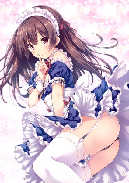 Anime picture 1600x2262 with original ryo (botugo) single long hair tall image looking at viewer blush fringe breasts light erotic hair between eyes brown hair purple eyes ass :o short sleeves maid bell collar upskirt girl