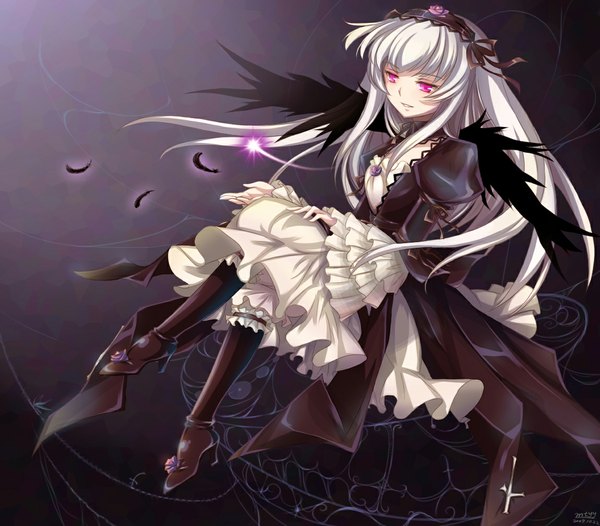 Anime picture 1150x1010 with rozen maiden suigintou mtyy single long hair simple background smile white hair pink eyes girl dress wings hairband rose (roses) feather (feathers)