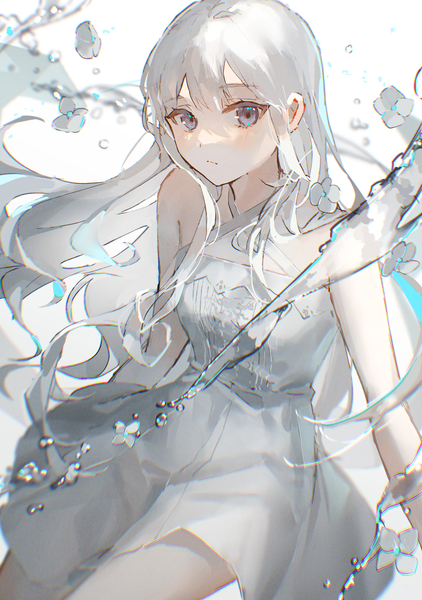 Anime picture 2881x4096 with original oyuyu single long hair tall image looking at viewer fringe highres silver hair grey eyes sleeveless floating hair anaglyph girl dress flower (flowers) water white dress