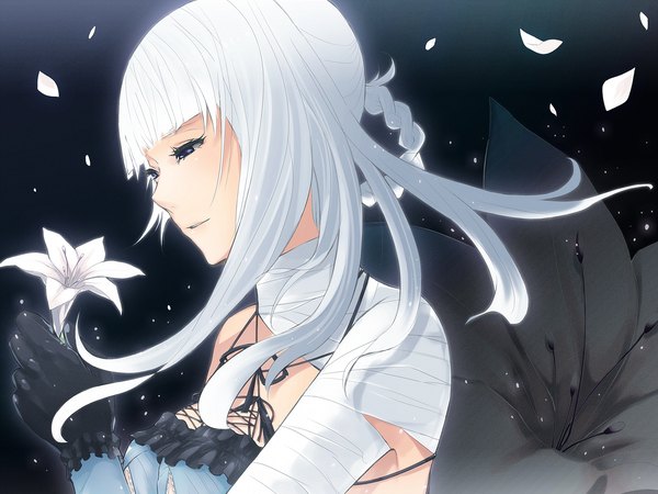 Anime picture 1600x1200 with nier kaine (nier) purple eyes white hair braid (braids) night girl flower (flowers) petals bandage (bandages) lily (flower)