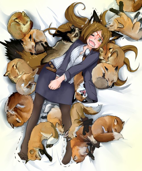 Anime picture 1930x2315 with original doitsuken single long hair tall image looking at viewer blush highres breasts open mouth brown hair animal ears yellow eyes cleavage tail lying eyes closed long sleeves animal tail one eye closed