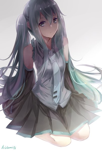 Anime picture 1181x1748 with vocaloid hatsune miku hitomi95 single long hair tall image looking at viewer blush twintails bare shoulders aqua eyes aqua hair kneeling girl skirt shirt necktie