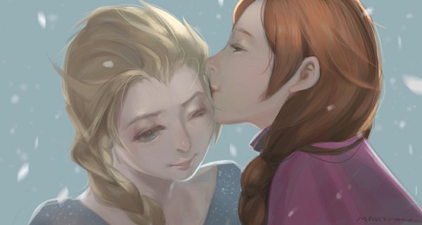 Anime picture 1024x549 with frozen (disney) disney elsa (frozen) anna (frozen) tagme (artist) long hair blue eyes blonde hair smile brown hair wide image multiple girls braid (braids) lips single braid snowing kiss forehead kiss girl 2 girls