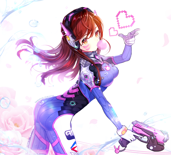 Anime picture 2300x2091 with overwatch blizzard entertainment d.va (overwatch) ttaji (pass35) single long hair looking at viewer fringe highres breasts hair between eyes brown hair white background holding brown eyes arm up leaning leaning forward floating hair facial mark