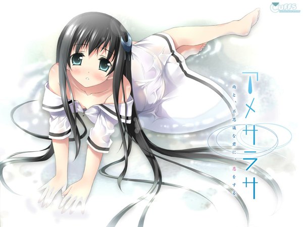 Anime picture 1600x1200 with amesarasa cuffs (studio) chiyokawa rin kantoku single long hair looking at viewer blush black hair bare shoulders barefoot aqua eyes wet legs hieroglyph wet clothes reclining girl dress white dress