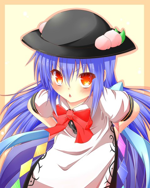 Anime picture 1239x1556 with touhou hinanawi tenshi wakagi repa single long hair tall image looking at viewer blush red eyes blue hair girl hat bowtie