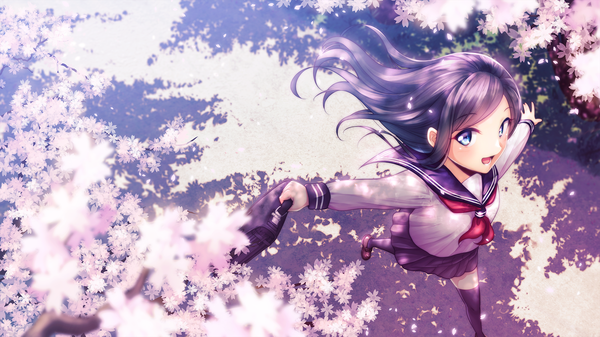 Anime picture 1920x1080 with original fal single long hair blush highres open mouth blue eyes black hair wide image looking away shadow cherry blossoms girl thighhighs skirt uniform flower (flowers) black thighhighs petals