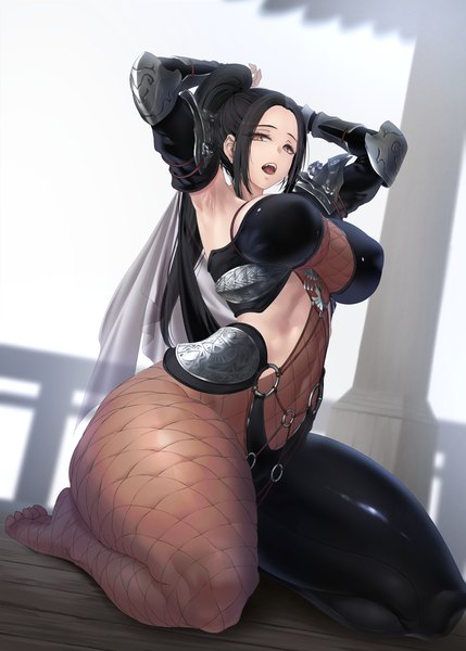 Anime picture 1200x1680 with black desert limeblock single long hair tall image looking at viewer fringe breasts open mouth light erotic black hair large breasts sitting brown eyes payot full body ponytail arms up teeth armpit (armpits)