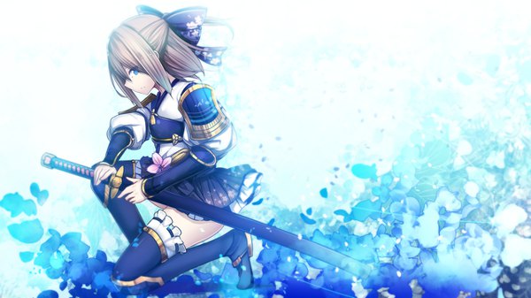 Anime picture 1280x720 with choujigen game neptune rom (choujigen game neptune) daiaru single looking at viewer fringe short hair blue eyes hair between eyes brown hair wide image holding payot ponytail parted lips profile pleated skirt zettai ryouiki puffy sleeves kneeling