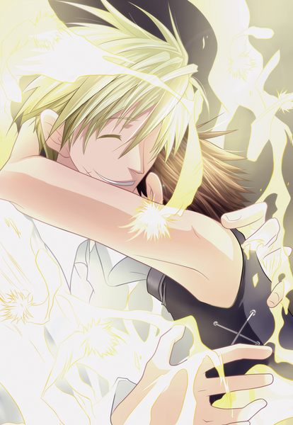 Anime picture 1000x1448 with 07-ghost studio deen teito klein mikage hao-hime tall image short hair blonde hair smile brown hair eyes closed multiple boys hug coloring magic ^ ^ boy shirt 2 boys