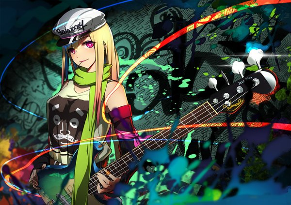 Anime picture 2000x1414 with original erkelee single long hair looking at viewer blush highres blonde hair standing holding pink eyes symbol-shaped pupils girl detached sleeves earrings headdress scarf star (symbol) guitar bass guitar