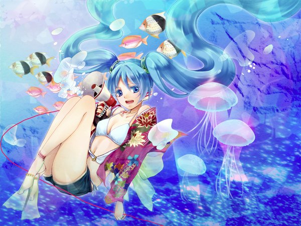 Anime picture 1000x750 with vocaloid hatsune miku koyami tsukito single open mouth twintails very long hair barefoot aqua eyes aqua hair underwater girl navel water bubble (bubbles) fish (fishes) wire (wires) jellyfish megaphone