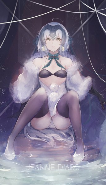 Anime picture 918x1602 with fate (series) fate/grand order jeanne d'arc (fate) (all) jeanne d'arc alter santa lily (fate) marumoru single long hair tall image looking at viewer fringe breasts light erotic hair between eyes sitting bare shoulders yellow eyes silver hair full body ahoge parted lips