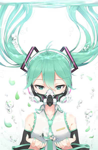 Anime picture 789x1200 with vocaloid hatsune miku applepie single long hair tall image fringe hair between eyes white background twintails bare shoulders ahoge nail polish aqua eyes aqua hair floating hair underwater girl detached sleeves water