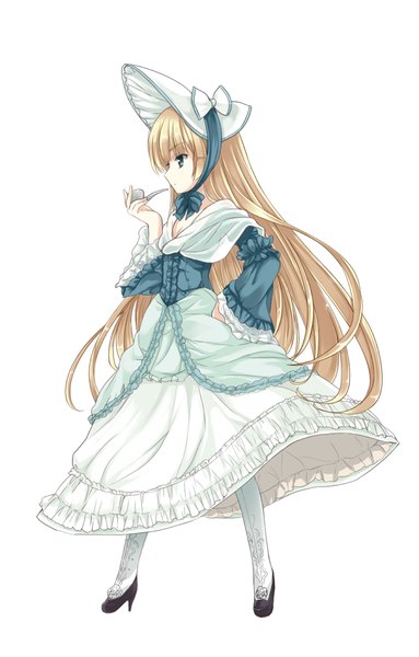 Anime picture 650x1018 with gosick studio bones victorique de blois souryuu (double dragon) single long hair tall image blue eyes simple background blonde hair white background looking away full body profile loli girl dress bonnet