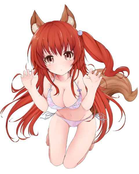 Anime picture 960x1200 with original kou mashiro pinako (3357633) single long hair tall image looking at viewer fringe breasts light erotic simple background white background brown eyes animal ears cleavage full body red hair tail animal tail barefoot