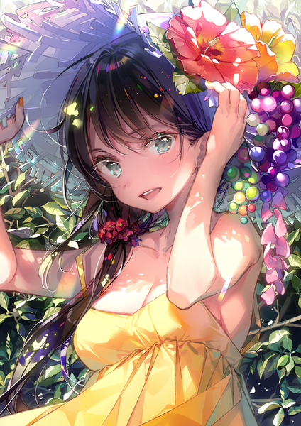 Anime picture 707x1000 with original dsmile single long hair tall image looking at viewer blush fringe breasts open mouth black hair hair between eyes green eyes cleavage upper body hair flower shaded face low ponytail strap slip girl