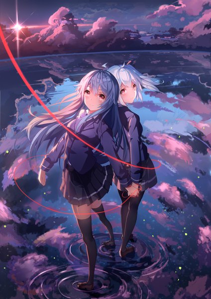 Anime picture 2480x3507 with bilibili douga bili girl 33 bili girl 22 yeluno meng long hair tall image looking at viewer highres short hair red eyes multiple girls blue hair sky cloud (clouds) full body ahoge outdoors white hair from above reflection