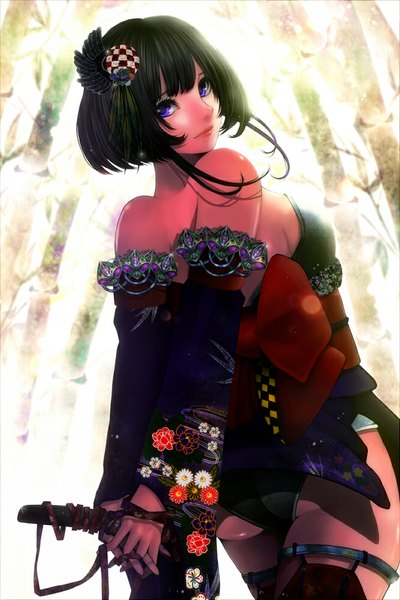 Anime picture 666x1000 with original sgz single tall image short hair blue eyes light erotic black hair bare shoulders traditional clothes japanese clothes looking back girl hair ornament underwear panties detached sleeves kimono knife