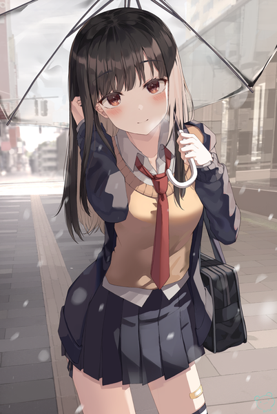 Anime-Bild 804x1200 mit original ruda (ruda e) single long hair tall image looking at viewer blush fringe black hair smile red eyes standing holding outdoors blunt bangs long sleeves pleated skirt open clothes city adjusting hair