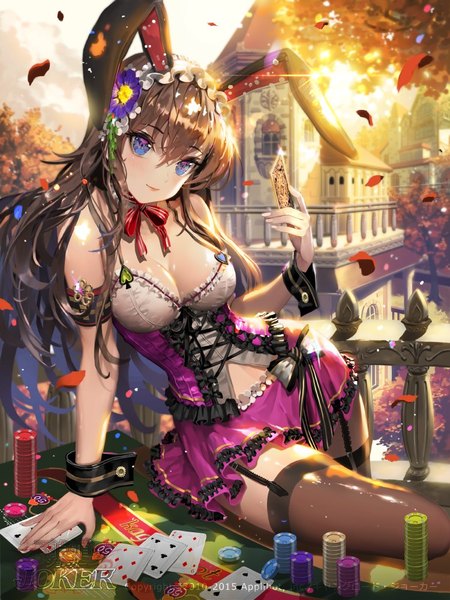 Anime picture 750x1000 with joker ~gang road~ rebecca myers tob single long hair tall image looking at viewer blush fringe breasts blue eyes light erotic hair between eyes brown hair large breasts sitting purple eyes holding animal ears payot