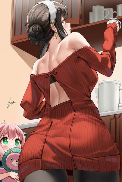 Anime picture 1350x2000 with spy x family yor briar anya (spy x family) director chimera (spy x family) piukute062 tall image blush fringe short hair light erotic black hair standing multiple girls holding green eyes signed payot looking away pink hair ass