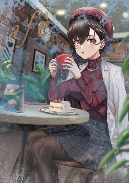 Anime picture 1062x1505 with original silvertsuki single tall image looking at viewer blush fringe short hair breasts open mouth black hair hair between eyes red eyes sitting holding indoors long sleeves blurry :o plaid skirt