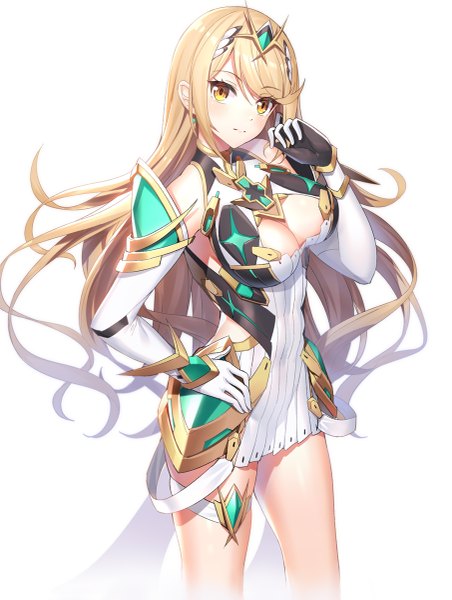 Anime picture 905x1200 with xenoblade xenoblade 2 mythra (xenoblade) ririko (zhuoyandesailaer) single long hair tall image looking at viewer blush fringe breasts light erotic blonde hair simple background hair between eyes large breasts standing white background bare shoulders yellow eyes