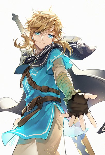 Anime picture 1000x1476 with the legend of zelda the legend of zelda: tears of the kingdom nintendo link cat princess single long hair tall image looking at viewer blue eyes simple background blonde hair standing white background from below outstretched hand boy gloves fingerless gloves