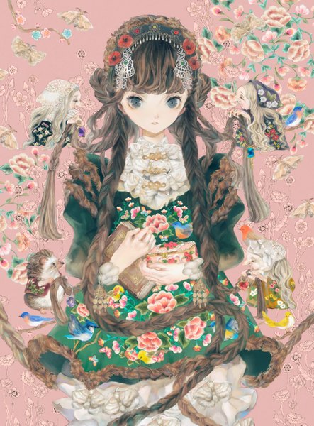 Anime picture 1000x1353 with original yogisya tall image looking at viewer fringe blonde hair brown hair multiple girls holding blunt bangs braid (braids) eyes closed very long hair parted lips profile grey eyes floral print adjusting hair pink background fantasy