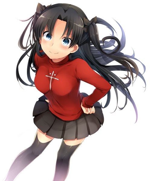 Anime picture 1000x1206 with fate (series) fate/stay night type-moon toosaka rin marimo danshaku single long hair tall image looking at viewer blush black hair smile white background hands on hips girl thighhighs skirt bow black thighhighs hair bow